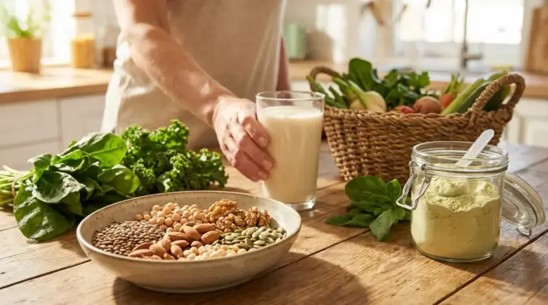 Persona in cucina con bevanda vegetale, legumi, frutta secca e verdure per proteine vegetali e ossa forti
