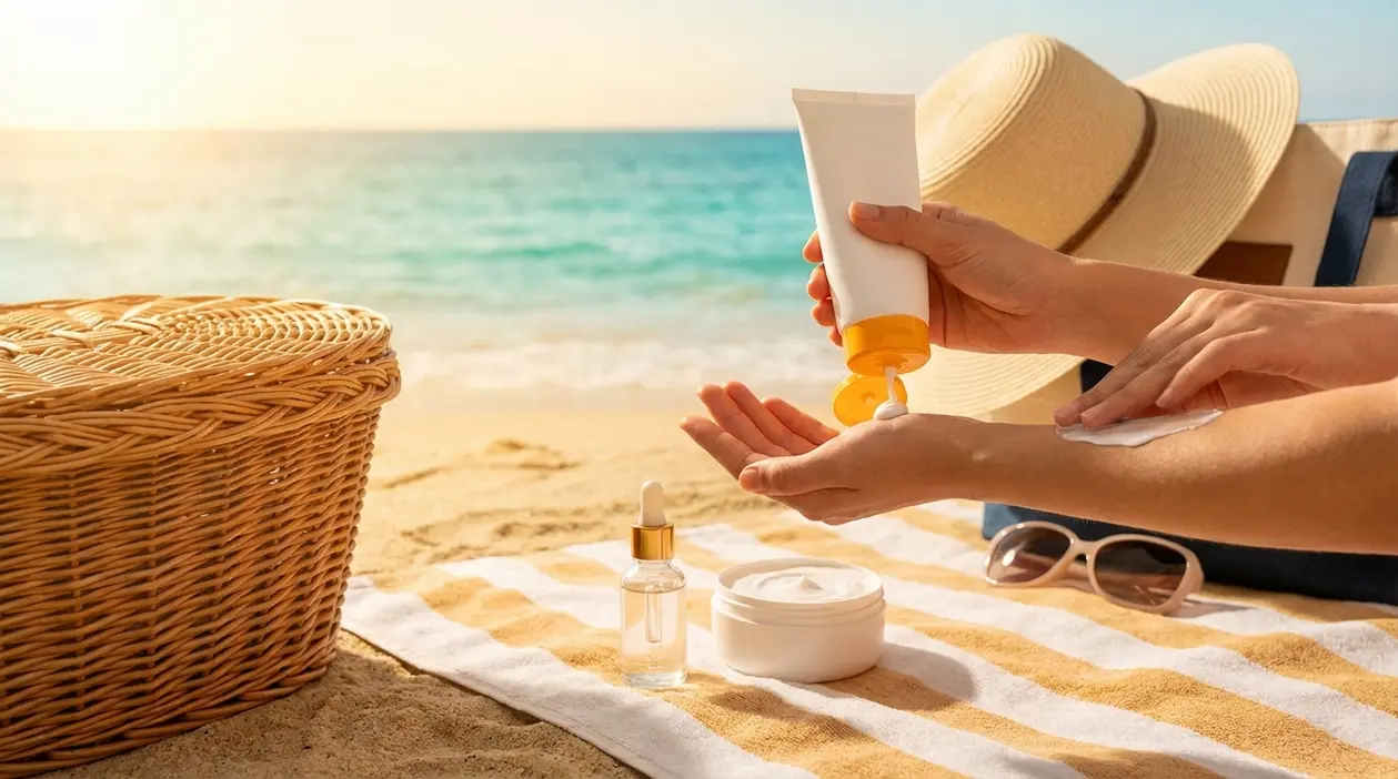 Persona in spiaggia applica la protezione solare sul braccio accanto a prodotti skincare e accessori da mare