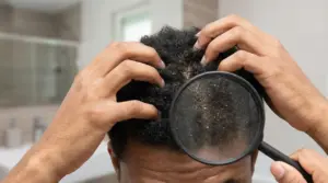 Persona che si gratta il cuoio capelluto con forfora visibile osservata con una lente d’ingrandimento