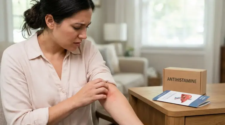 Donna che si gratta il braccio con irritazione cutanea, possibile prurito collegato a problemi al fegato