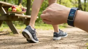 Persona che cammina su un sentiero con fitness tracker al polso e frutta sullo sfondo