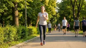 Donna che cammina a passo veloce in un parco, esempio di attività utile per dimagrire e ridurre il grasso addominale