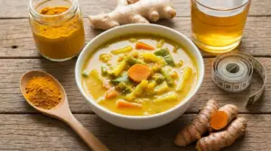 Zuppa di verdure alla curcuma con radice fresca, polvere di curcuma e tisana su tavolo rustico