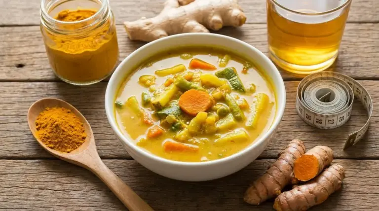 Zuppa di verdure alla curcuma con radice fresca, polvere di curcuma e tisana su tavolo rustico