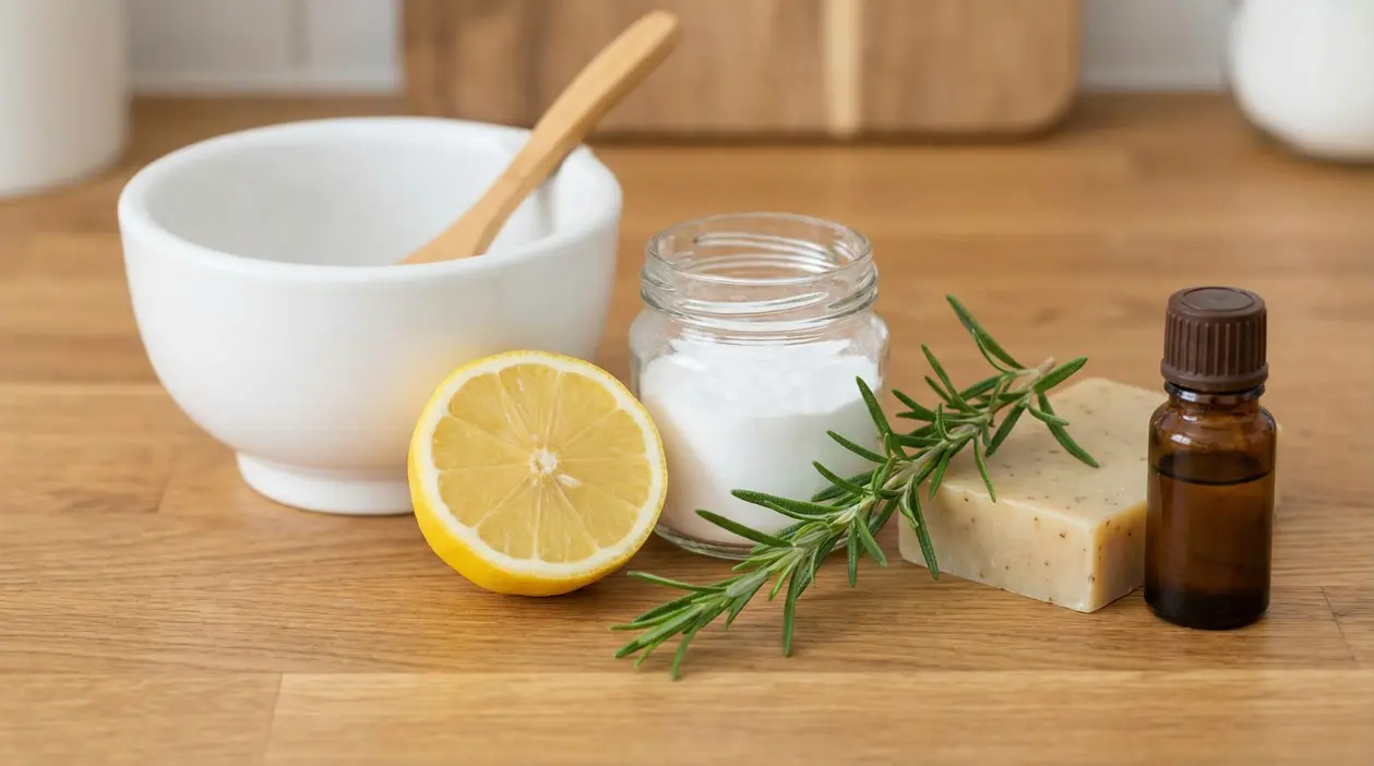 Ingredienti naturali per rimedi casalinghi contro il cattivo odore corporeo: limone, bicarbonato, rosmarino e sapone