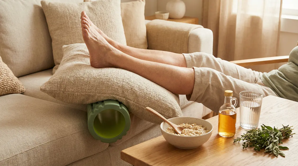 Persona con le gambe sollevate su cuscini sul divano, rimedio casalingo per alleviare gambe gonfie