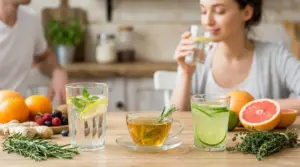 Donna che beve acqua aromatizzata con limone, accanto a tisane, erbe aromatiche e agrumi in cucina
