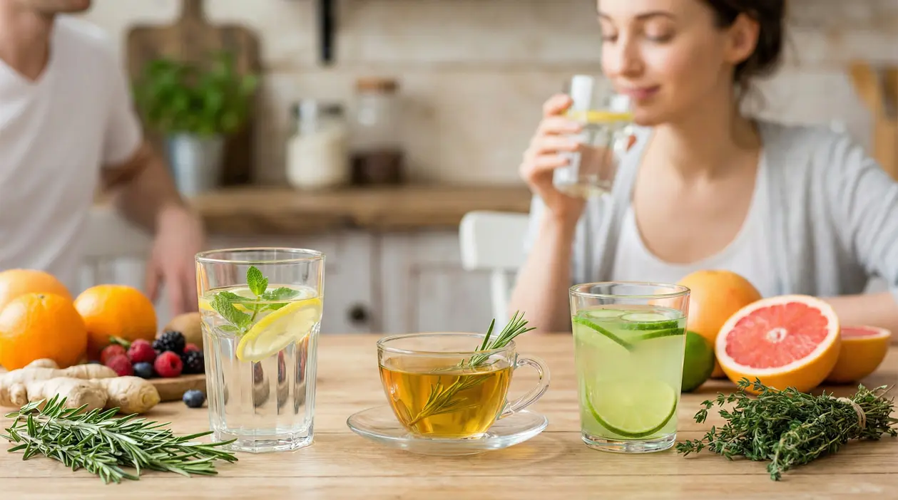 Donna che beve acqua aromatizzata con limone, accanto a tisane, erbe aromatiche e agrumi in cucina