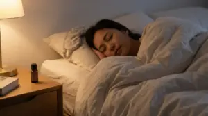 Donna che dorme serenamente nel letto accanto a un comodino con lampada e boccetta, in una camera soffusa