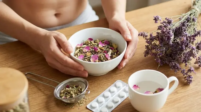 Persona con ciotola di erbe e tisana su un tavolo, immagine legata a rimedi naturali per la stitichezza