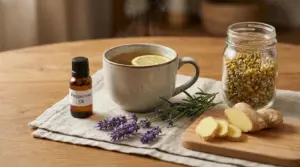 Tisana calda con limone, zenzero, camomilla e olio essenziale di menta per rimedi naturali al mal di testa