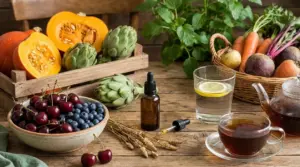 Alimenti e bevande salutari come ciliegie, mirtilli, carciofi, zucca, tisana e acqua con limone per acido urico alto