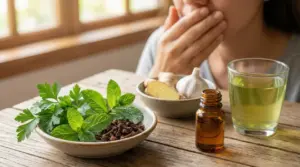 Persona con mano sulla bocca accanto a menta, prezzemolo, chiodi di garofano e tisana contro l’alito cattivo