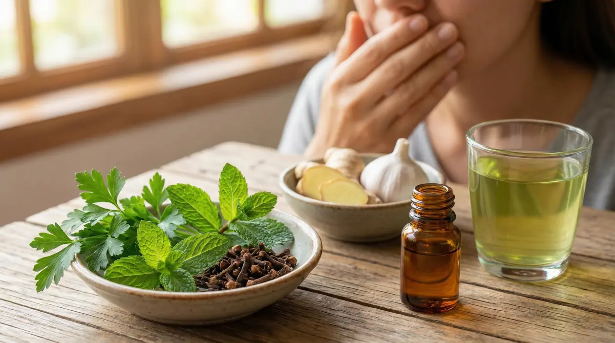 Persona con mano sulla bocca accanto a menta, prezzemolo, chiodi di garofano e tisana contro l’alito cattivo