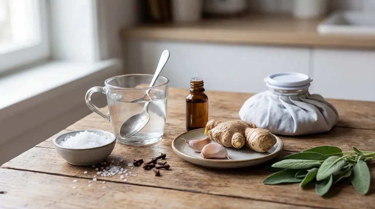 Ingredienti naturali su un tavolo, utili come rimedi casalinghi per alleviare l’ascesso dentale