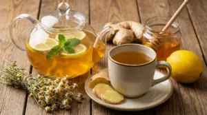 Tisana con limone, zenzero, miele e camomilla su tavolo in legno, rimedio naturale per l’indigestione