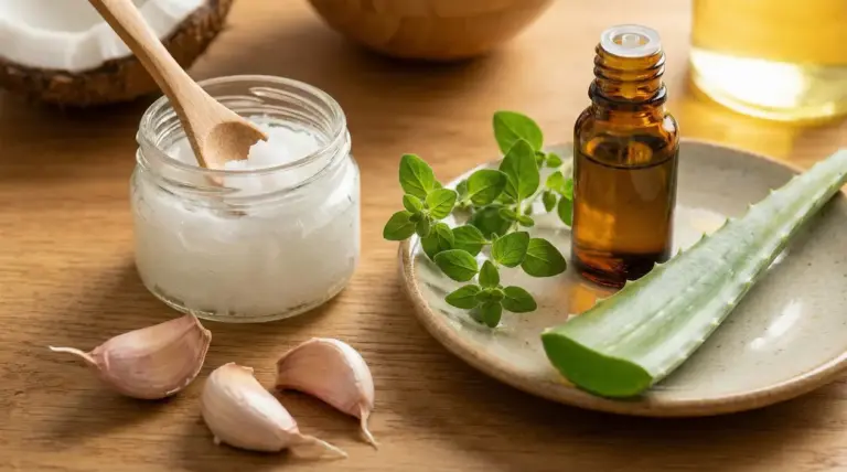 Ingredienti naturali come olio di cocco, aloe vera, aglio ed erbe aromatiche per la candida orale
