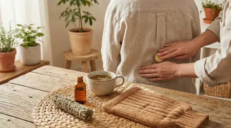Persona che riceve un massaggio alla zona lombare con rimedi naturali in un ambiente domestico rilassante