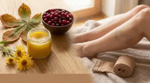 Gambe con vene visibili accanto a pomata naturale, castagne e calze compressive per la flebite