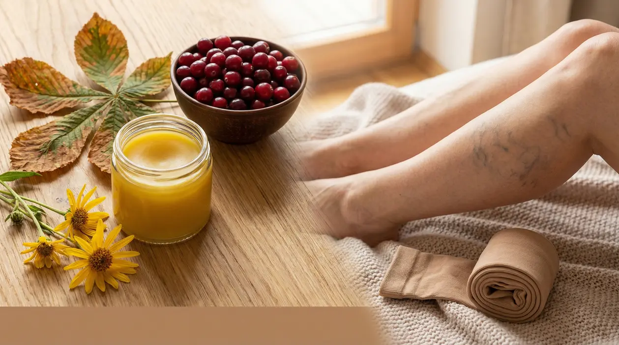 Gambe con vene visibili accanto a pomata naturale, castagne e calze compressive per la flebite