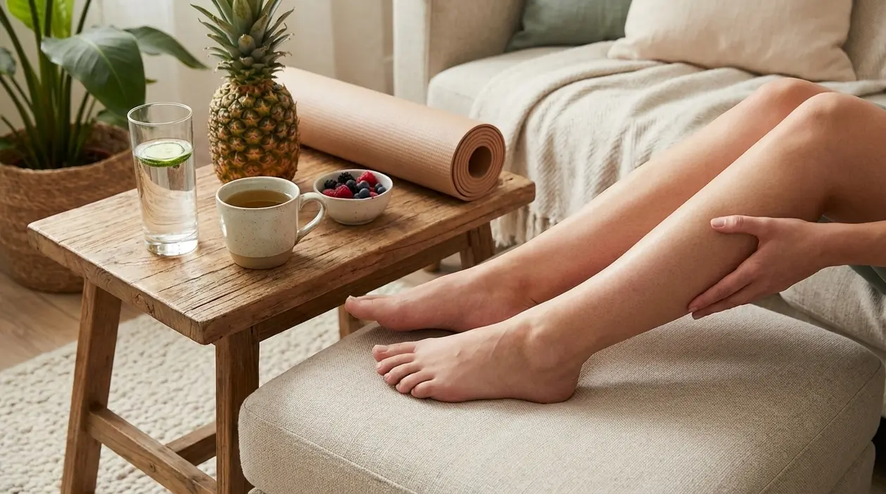 Persona seduta sul divano si massaggia le gambe, con acqua, frutta e tappetino yoga sul tavolino