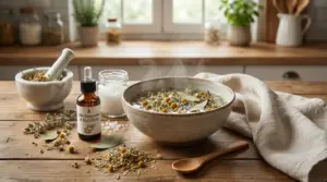 Ciotola fumante con erbe, sale grosso e olio essenziale per rimedio naturale fai da te contro la sinusite