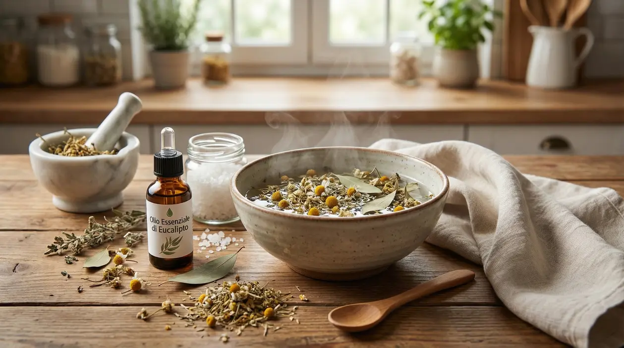 Ciotola fumante con erbe, sale grosso e olio essenziale per rimedio naturale fai da te contro la sinusite