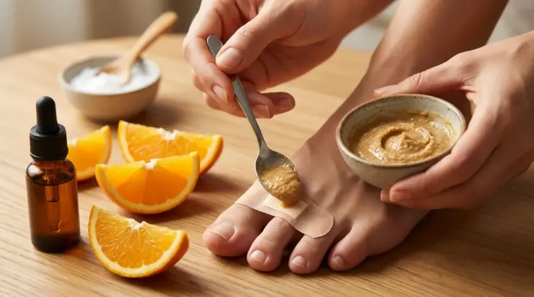 Persona applica un rimedio casalingo su una verruca del piede con ingredienti naturali su un tavolo.