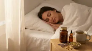 Donna che dorme serenamente a letto accanto a tisana, erbe rilassanti e rimedi naturali sul comodino