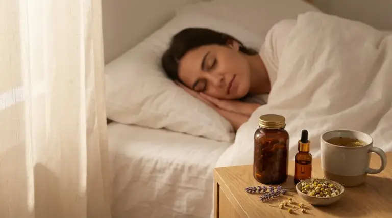 Donna che dorme serenamente a letto accanto a tisana, erbe rilassanti e rimedi naturali sul comodino