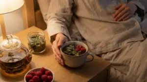 Persona a letto con una tisana serale e mano sulla pancia, accanto a teiera e erbe naturali