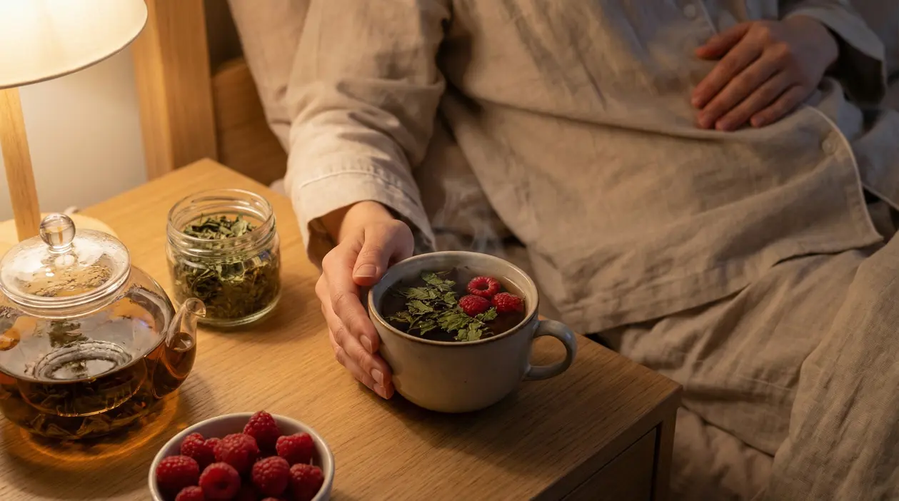 Persona a letto con una tisana serale e mano sulla pancia, accanto a teiera e erbe naturali