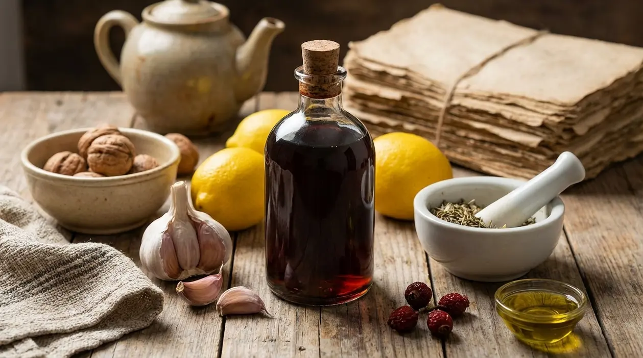 Ingredienti naturali con aglio, limoni, noci, erbe e bottiglia di estratto su tavolo rustico