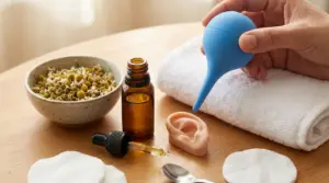 Mano con siringa auricolare accanto a gocce, camomilla e modello di orecchio per rimuovere il cerume