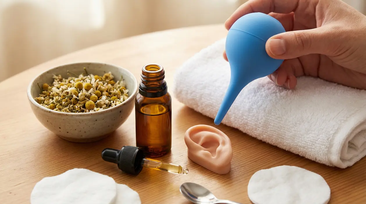 Mano con siringa auricolare accanto a gocce, camomilla e modello di orecchio per rimuovere il cerume