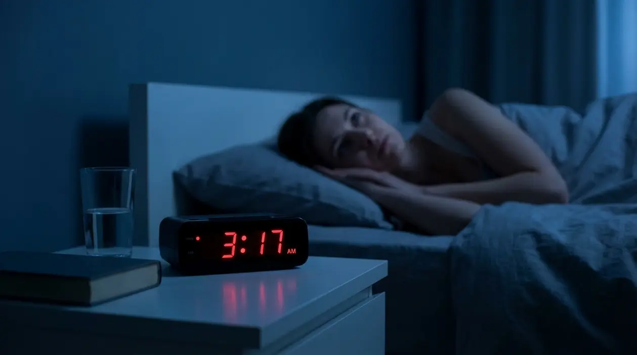 Persona sveglia nel letto di notte accanto a una sveglia sul comodino, simbolo di risvegli notturni
