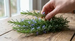 Mano che tiene rametti di rosmarino con piccoli fiori viola su un tavolo di legno vicino a una finestra