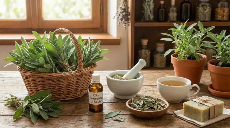 Salvia fresca e prodotti per il benessere su tavolo: olio essenziale, tisana, sapone e foglie essiccate