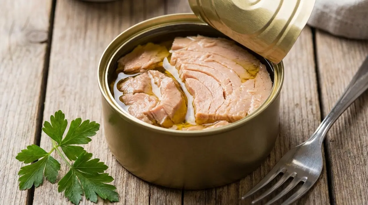Scatoletta di tonno aperta con filetti in olio su tavolo rustico, accanto a una forchetta e prezzemolo