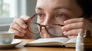 Persona con occhi arrossati che toglie gli occhiali mentre legge, possibile segnale di affaticamento o irritazione