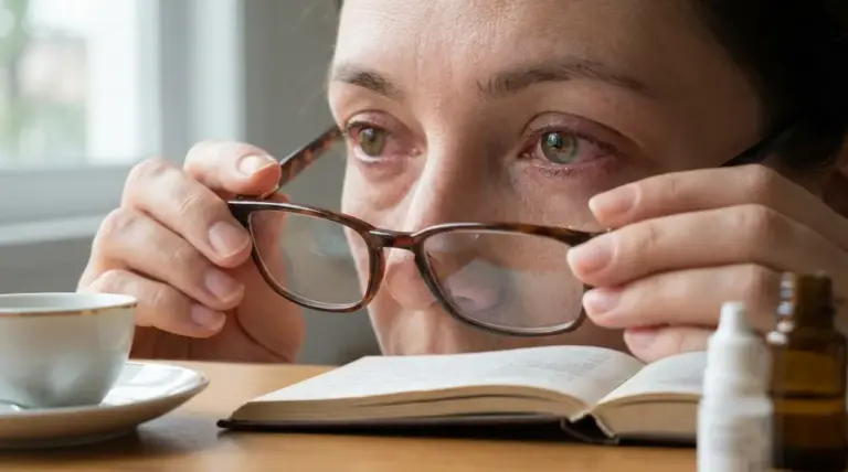 Persona con occhi arrossati che toglie gli occhiali mentre legge, possibile segnale di affaticamento o irritazione