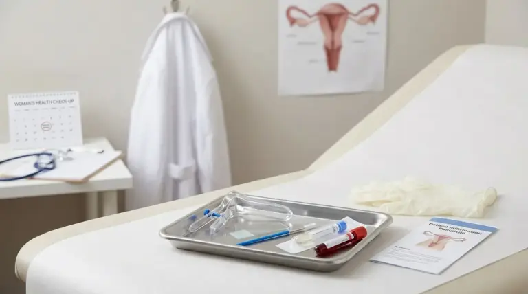 Lettino ginecologico con strumenti per visita e screening del collo dell’utero in ambulatorio medico