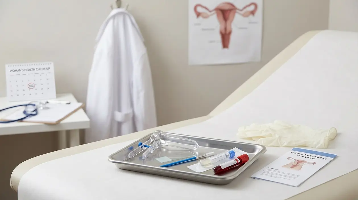 Lettino ginecologico con strumenti per visita e screening del collo dell’utero in ambulatorio medico