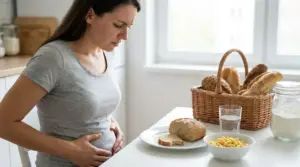 Donna con dolore addominale seduta a tavola accanto a pane e pasta, possibile segnale di intolleranza al glutine