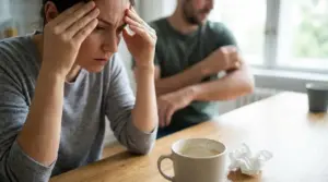 Donna con le mani alla testa seduta al tavolo, con espressione di malessere e stanchezza