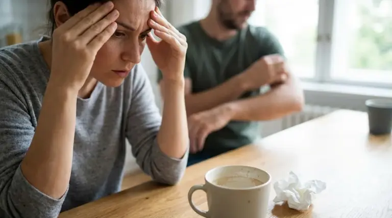 Donna con le mani alla testa seduta al tavolo, con espressione di malessere e stanchezza
