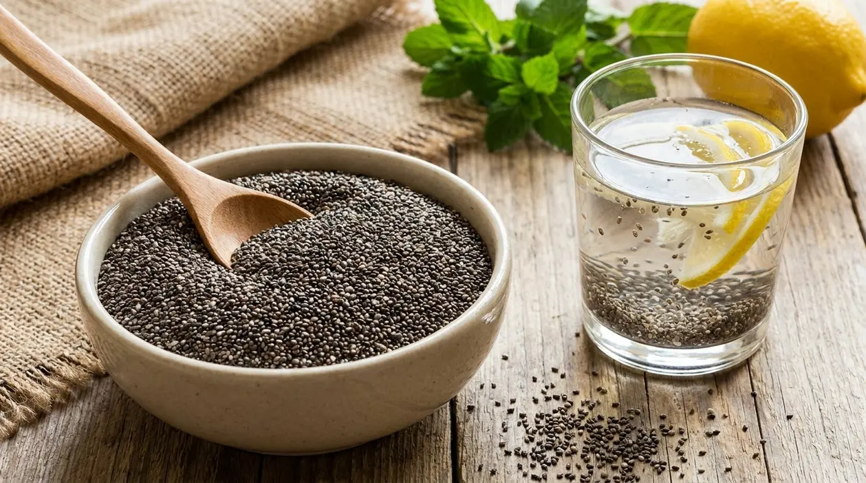 Ciotola di semi di chia con cucchiaio e bicchiere d’acqua con limone su tavolo di legno