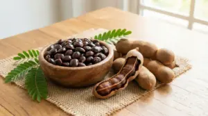 Ciotola di semi di tamarindo con baccelli interi e aperti su tavolo di legno