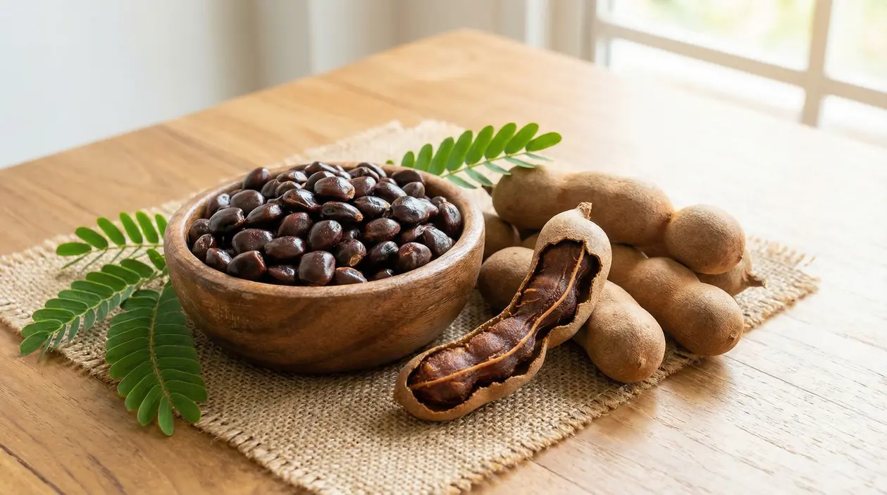 Ciotola di semi di tamarindo con baccelli interi e aperti su tavolo di legno