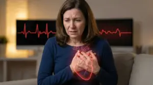 Donna con dolore al petto e immagine del cuore, simbolo della sindrome del cuore spezzato da forte stress